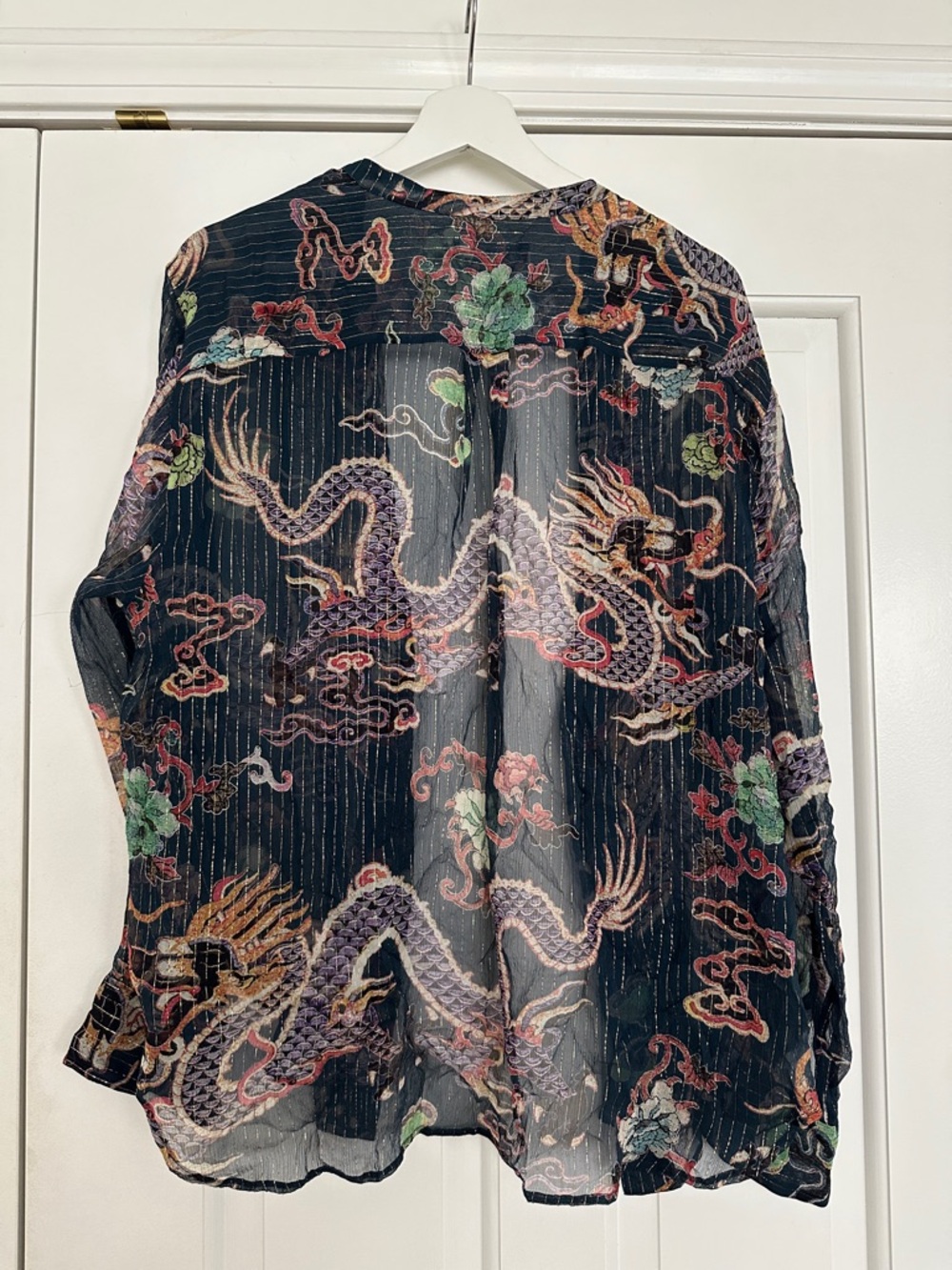 Isabel Marant Daws Dragon Print Silk Blend Shirt Sheer Metallic Stripe Blouse - Picture 6 of 6